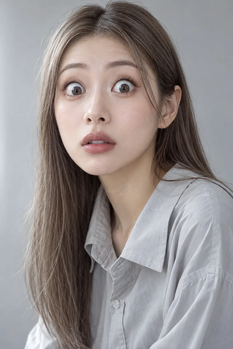 wide-eyed, eyes opened as wide as possible with the whites visible above the irises, eyebrows raised highで生成した例（3枚目）