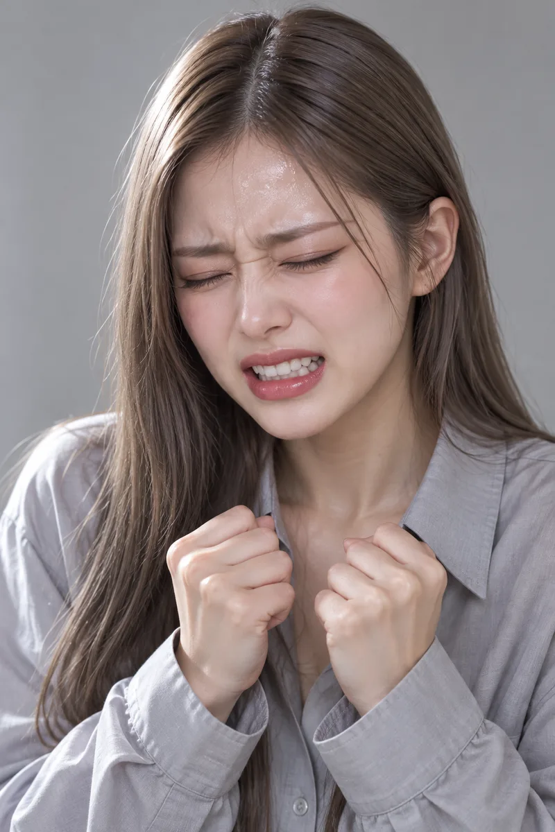 enduring pain, gritting her teeth, eyes squeezed shut, eyebrows raised in the middle and knitted together, beads of sweat on her forehead, both hands clenched into fists in front of her chestで生成した例（2枚目）