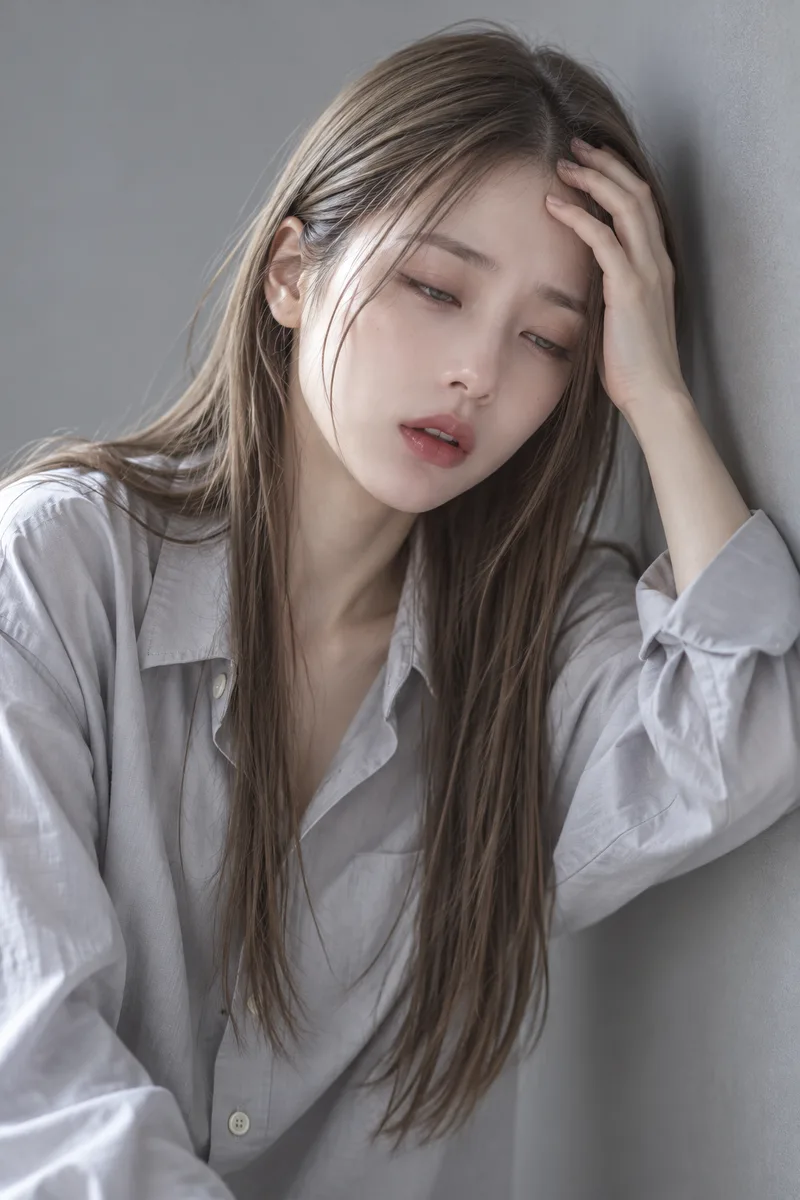 about to faint, swaying and losing her balance, eyes half-closed and unfocused, pale face, one hand pressed to her forehead, leaning heavily against a wallで生成した例（3枚目）