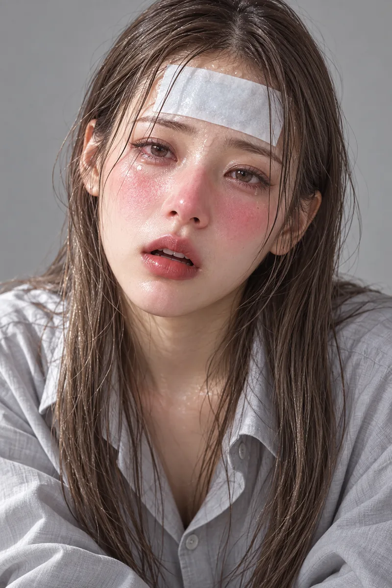 冷却シートを貼った熱っぽい顔の生成例