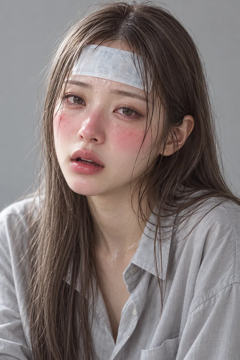 feverish with a high fever, deeply flushed red cheeks and nose, glassy watery eyes, beads of sweat on her forehead, damp hair stuck to her skin, a white cooling gel patch on her forehead, mouth slightly open breathing heavilyで生成した例（2枚目）