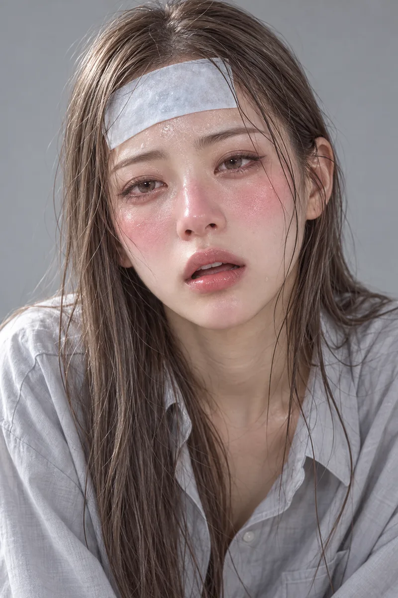 feverish with a high fever, deeply flushed red cheeks and nose, glassy watery eyes, beads of sweat on her forehead, damp hair stuck to her skin, a white cooling gel patch on her forehead, mouth slightly open breathing heavilyで生成した例（4枚目）