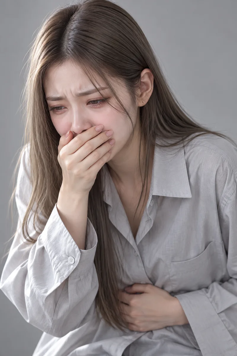 nauseous and about to throw up, pale face, one hand clamped over her mouth, the other hand on her stomach, watery eyes squeezed narrow, eyebrows knittedで生成した例（2枚目）
