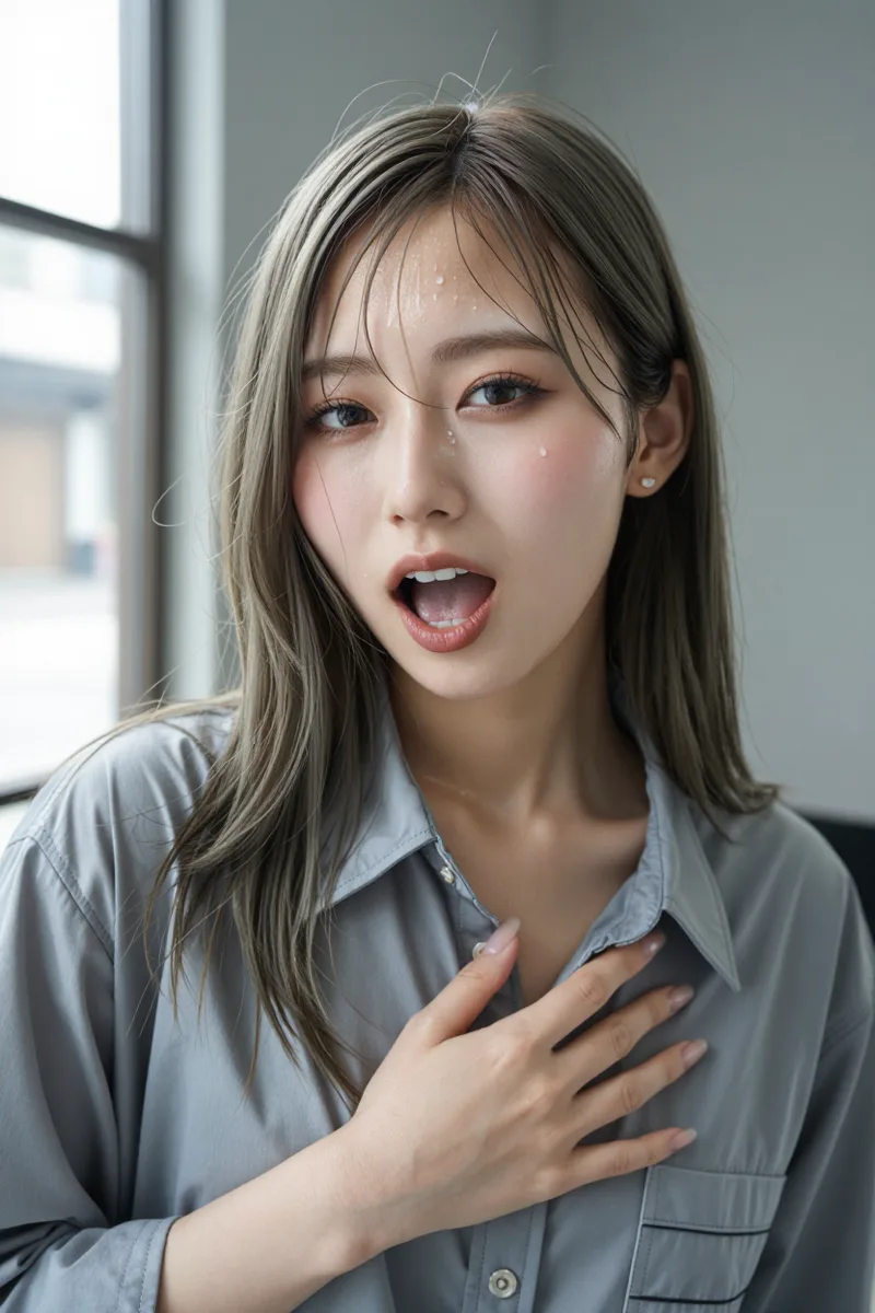 out of breath after running, panting hard with her mouth wide open, shoulders heaving, sweat dripping down her temples and neck, hair stuck to her damp forehead, one hand on her chestで生成した例（2枚目）