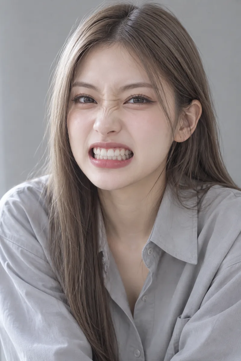 baring her clenched teeth in a wide "eee" face, lips stretched sideways, nose scrunched, vertical 2:3 portrait formatで生成した例（2枚目）