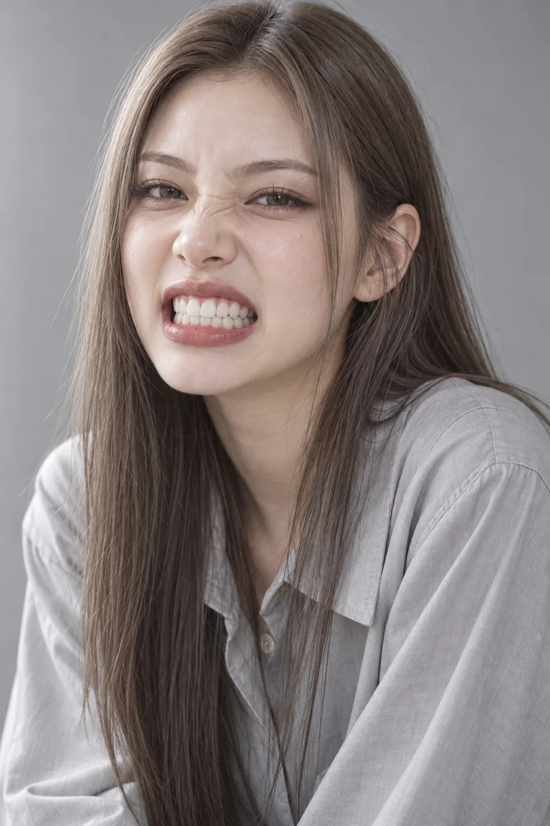 baring her clenched teeth in a wide "eee" face, lips stretched sideways, nose scrunchedで生成した例（3枚目）