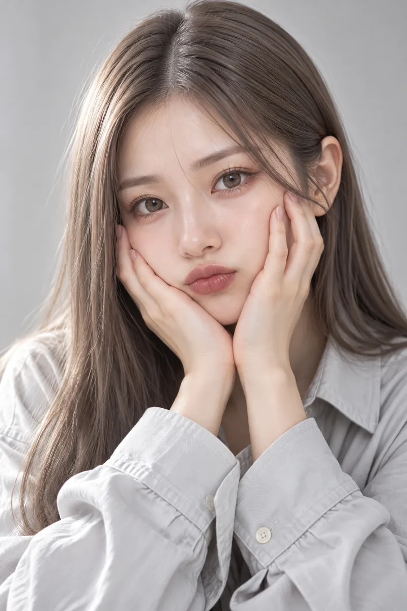 squishing her cheeks with both handsで生成した例（1枚目）