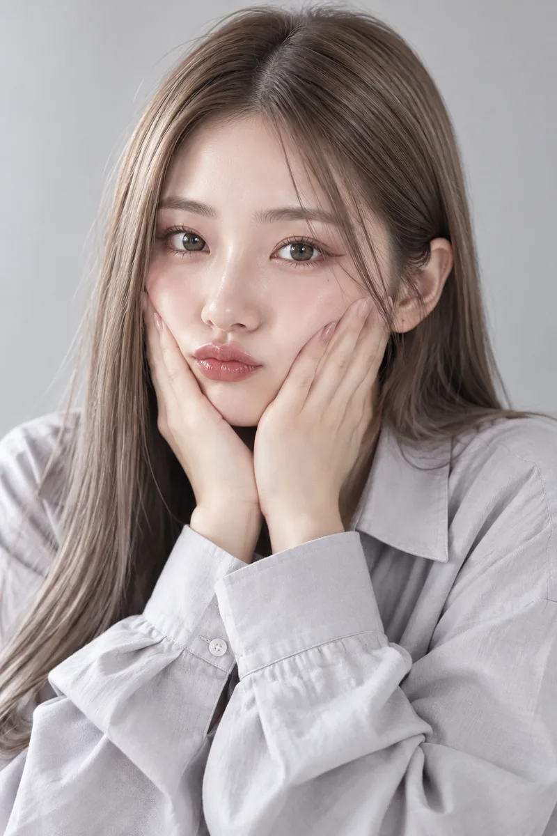 squishing her cheeks with both handsで生成した例（2枚目）