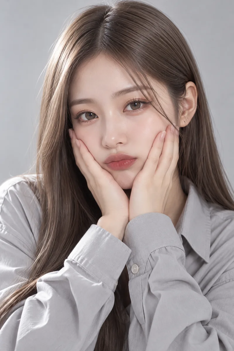 squishing her cheeks with both handsで生成した例（3枚目）