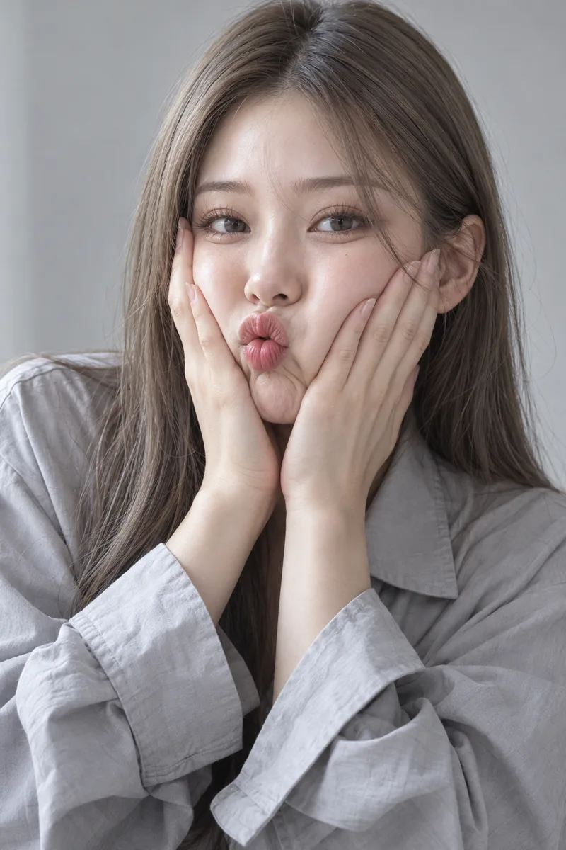 squishing her cheeks hard with both palms, her face comically squashed, lips pushed out into a fish-like puckerで生成した例（2枚目）