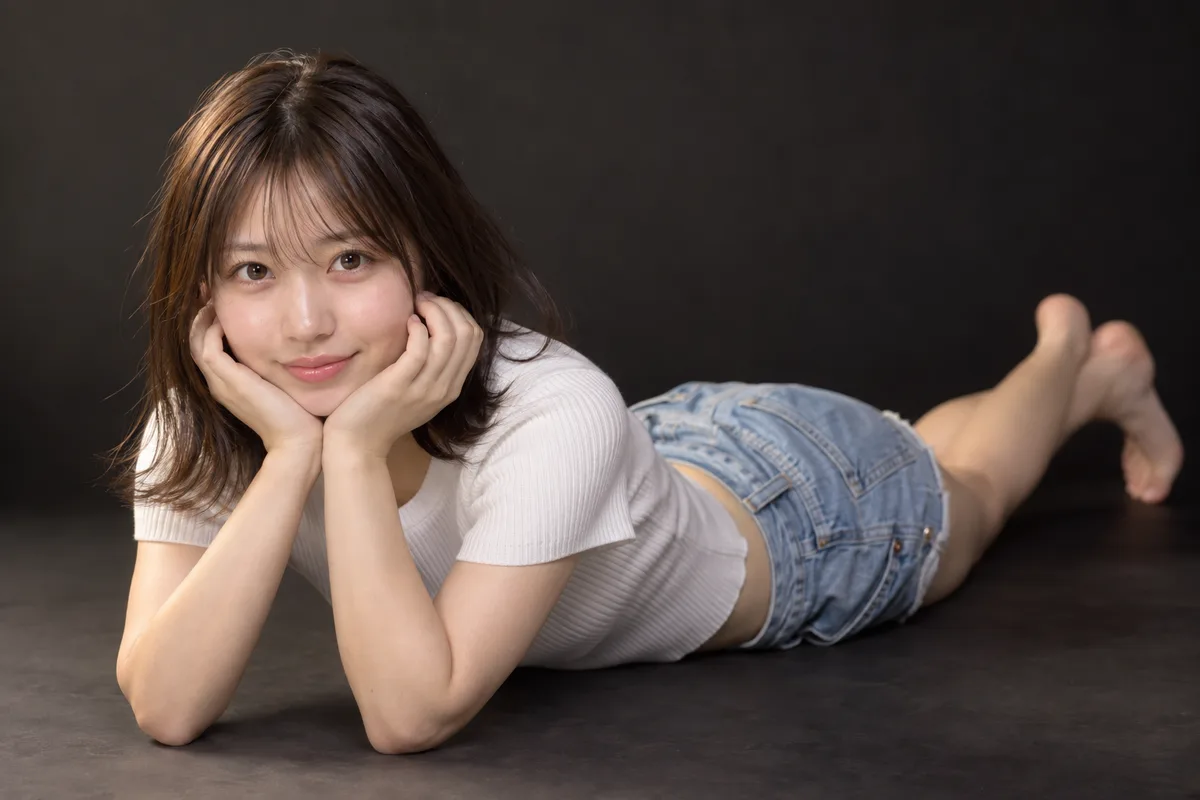lying on her stomach with her chin in her hands を足して生成した例（3枚目）