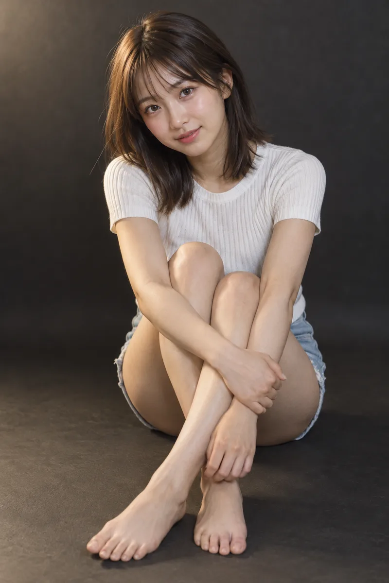 sitting on the floor hugging her knees を足して生成した例（3枚目）