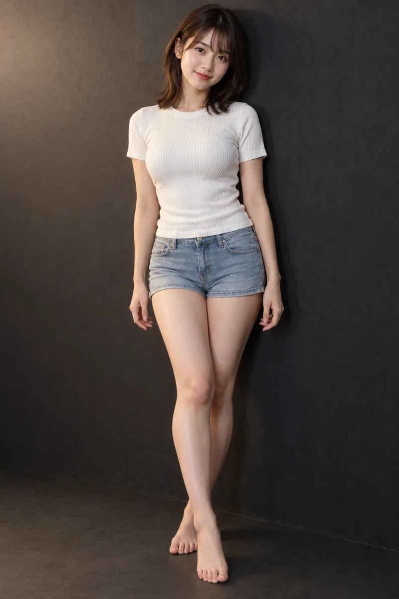 leaning against the wall, arms relaxed at her sides を足して生成した例（2枚目）