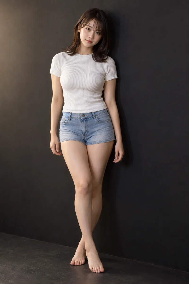 leaning against the wall, arms relaxed at her sides を足して生成した例（3枚目）