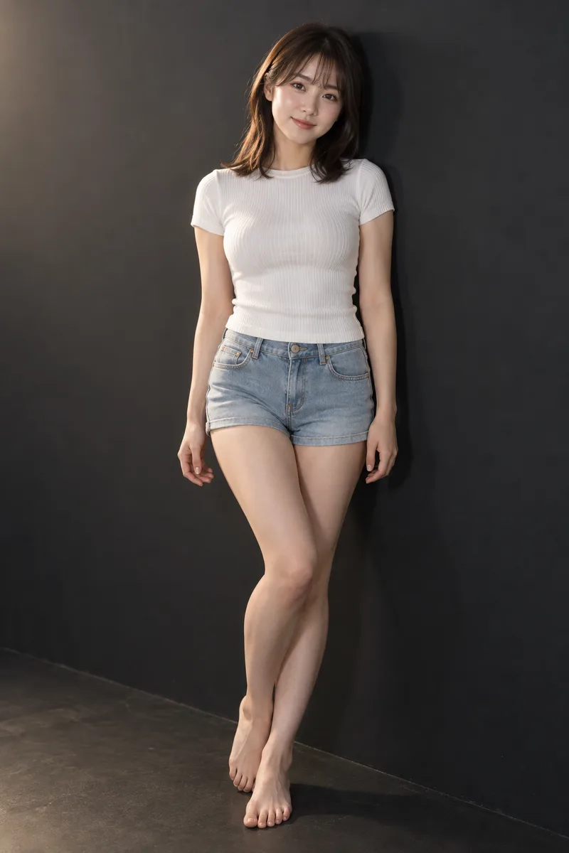 leaning against the wall, arms relaxed at her sides を足して生成した例（4枚目）
