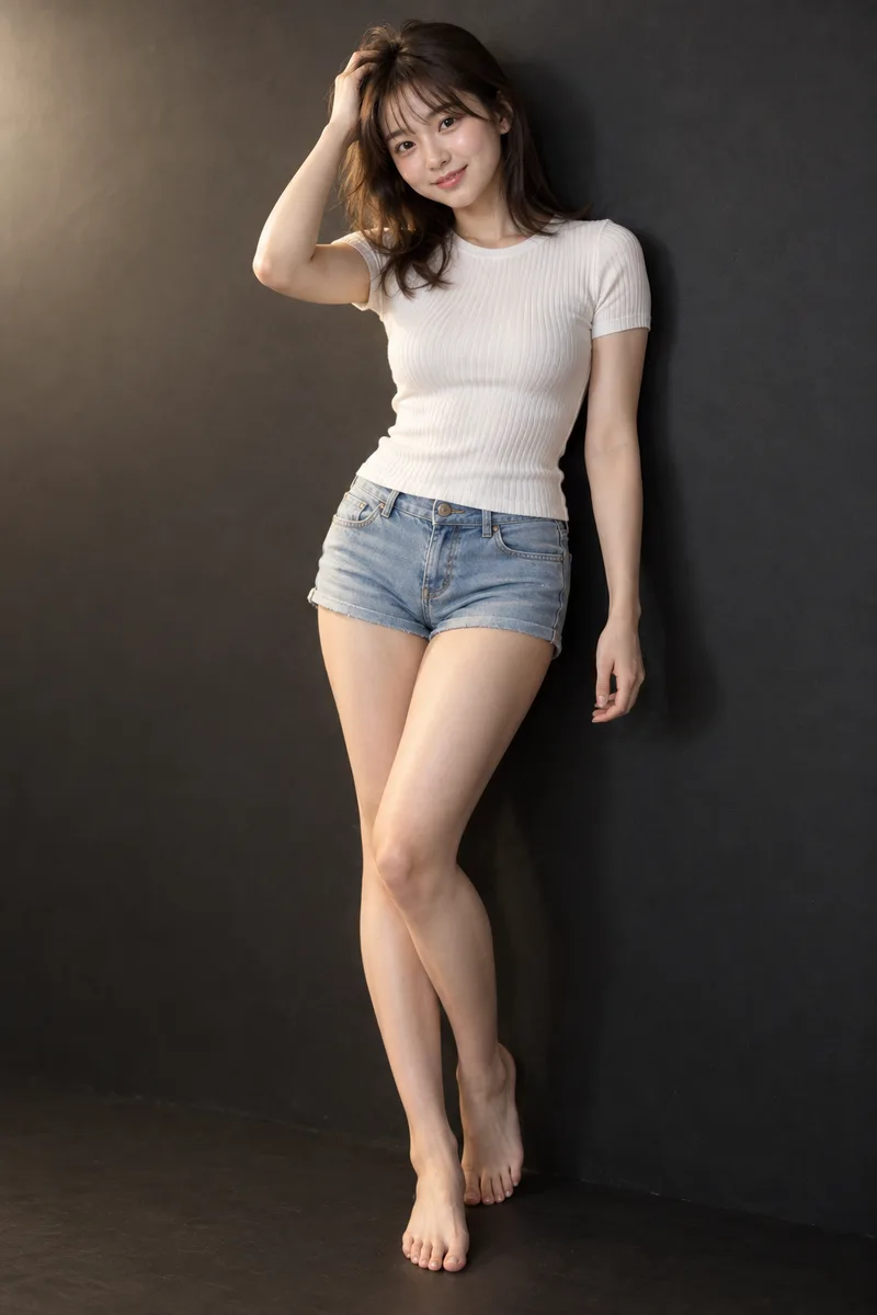leaning against the wall, one hand running through her hair を足して生成した例（2枚目）