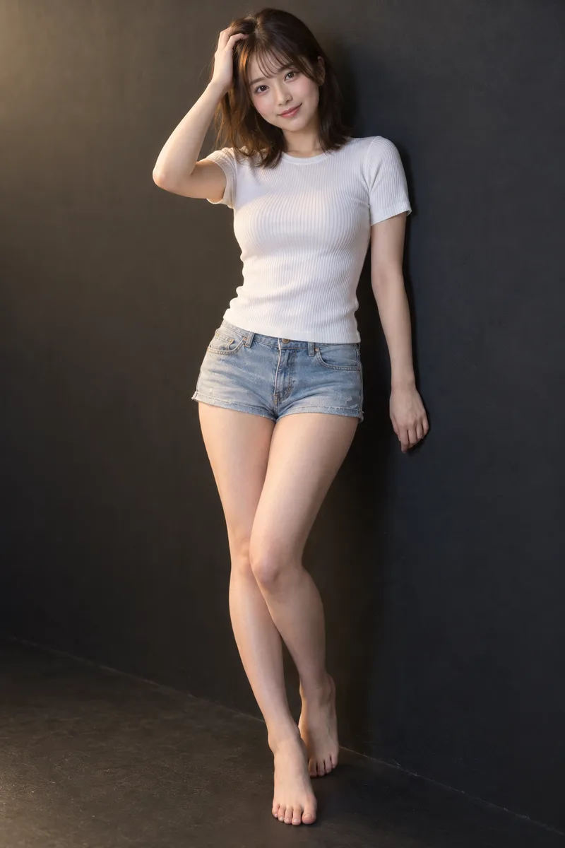 leaning against the wall, one hand running through her hair を足して生成した例（4枚目）
