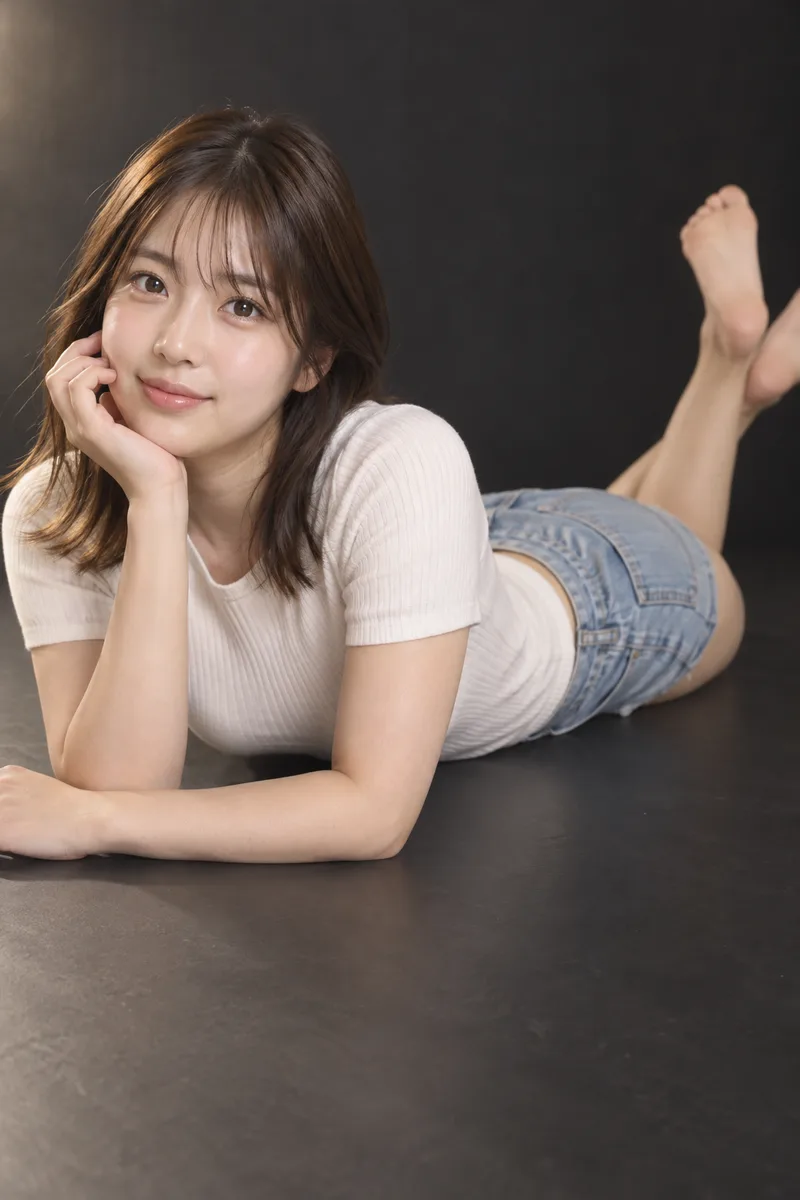 lying on her side on the floor だけを足して生成した例（4枚目）