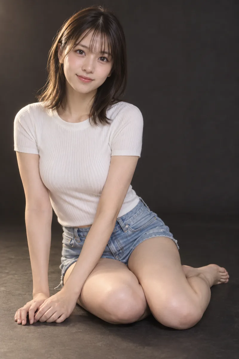 sitting sideways on the floor with her legs folded to one side を足して生成した例（2枚目）