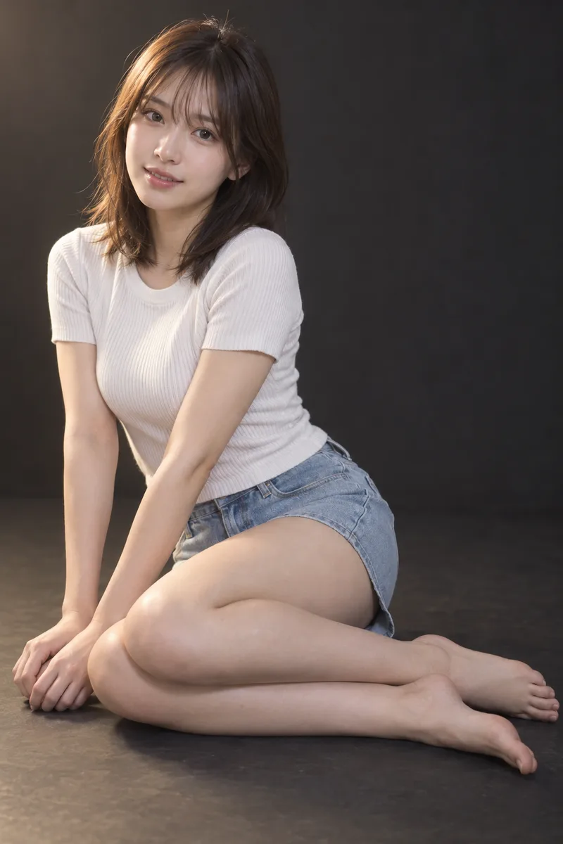 sitting sideways on the floor with her legs folded to one side を足して生成した例（3枚目）