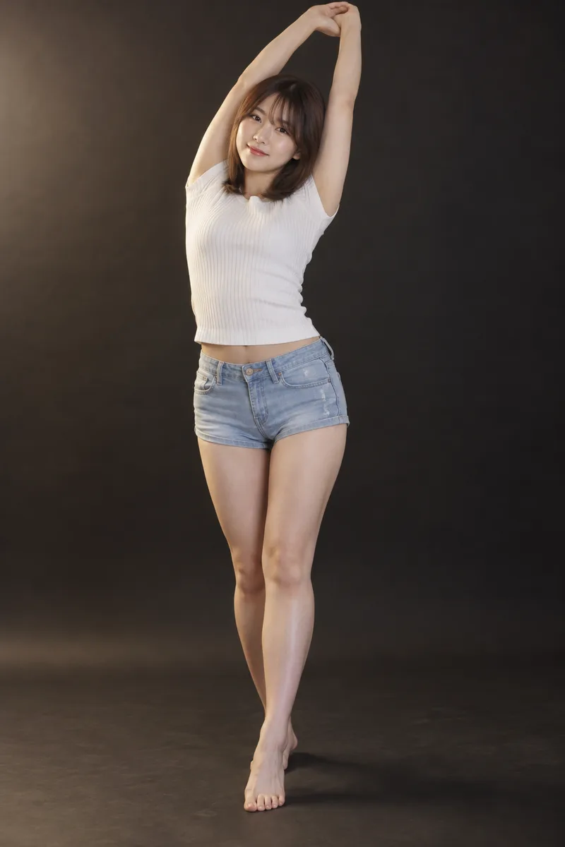 stretching her arms up over her head を足して生成した例（2枚目）