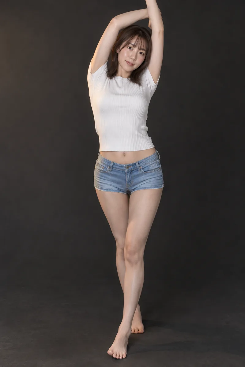 stretching her arms up over her head を足して生成した例（3枚目）