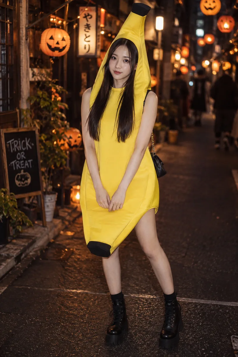 dressed in a banana costume for Halloween を足して生成した例（2枚目）