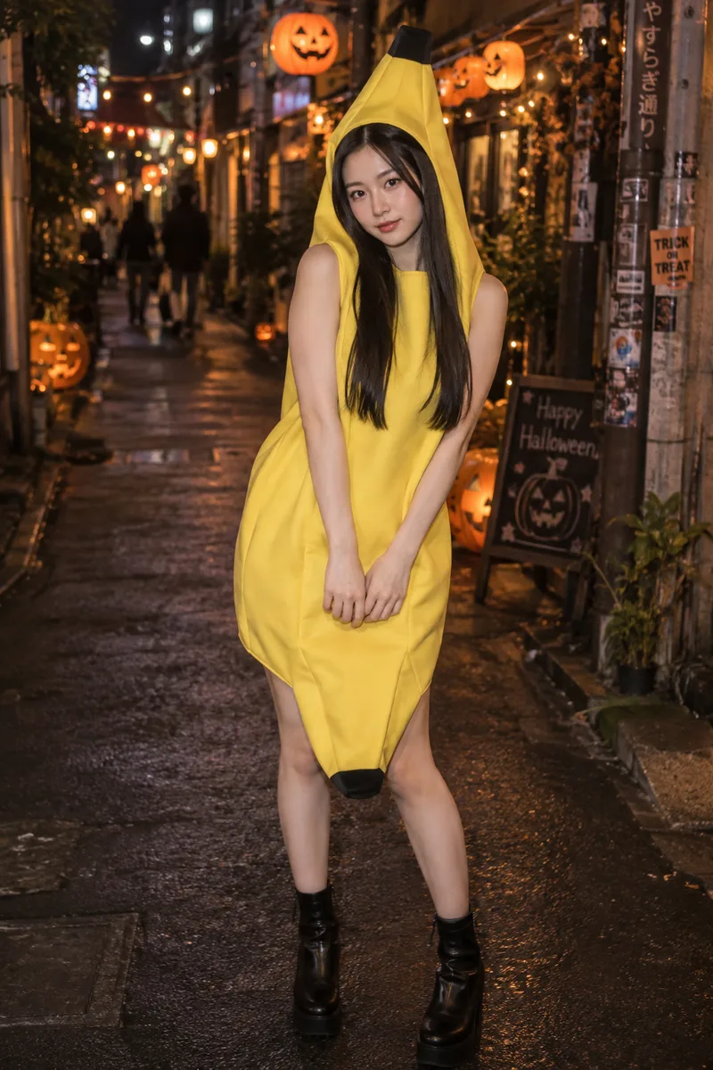 dressed in a banana costume for Halloween を足して生成した例（4枚目）
