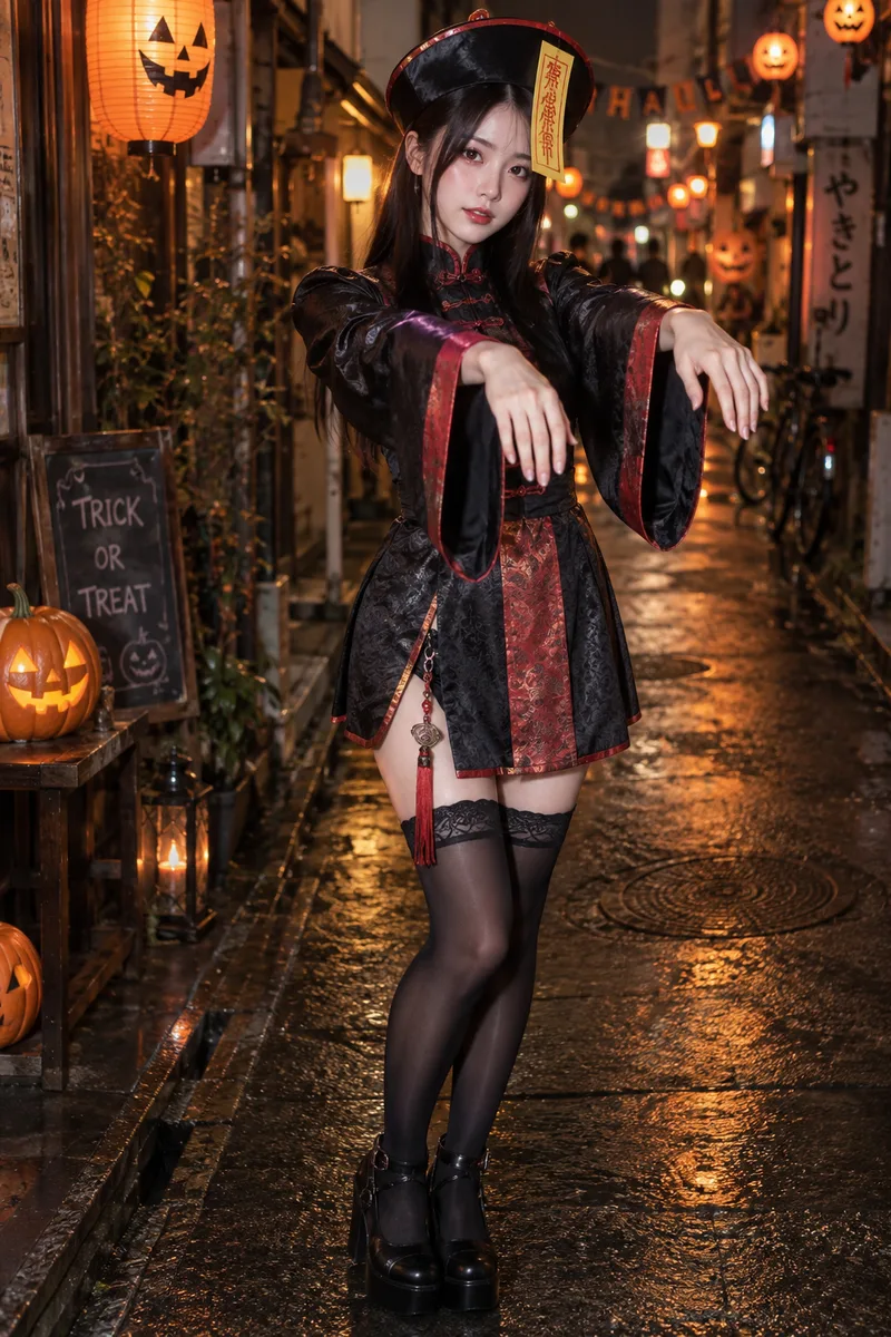 dressed as a jiangshi for Halloween だけを足して生成した例（1枚目）