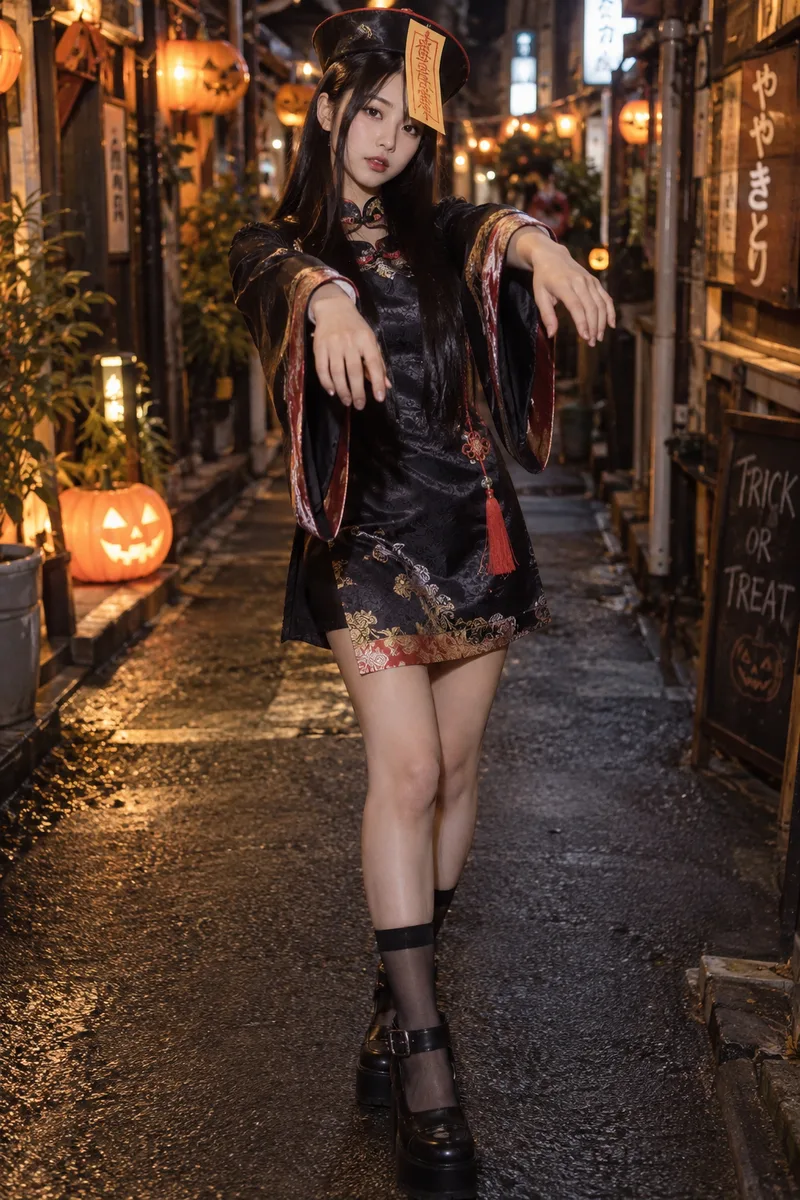 dressed as a jiangshi for Halloween だけを足して生成した例（2枚目）