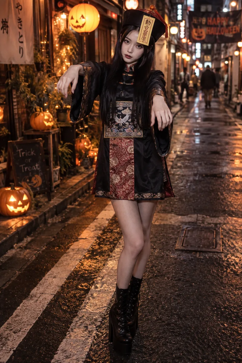 dressed as a jiangshi for Halloween だけを足して生成した例（4枚目）