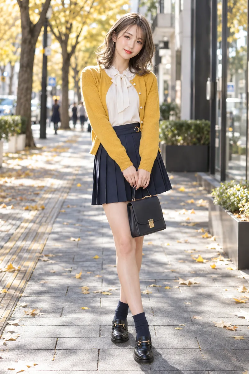 wearing a cardigan, a blouse and a pleated skirt in mustard yellow, white and navy だけを足して生成した例（2枚目）