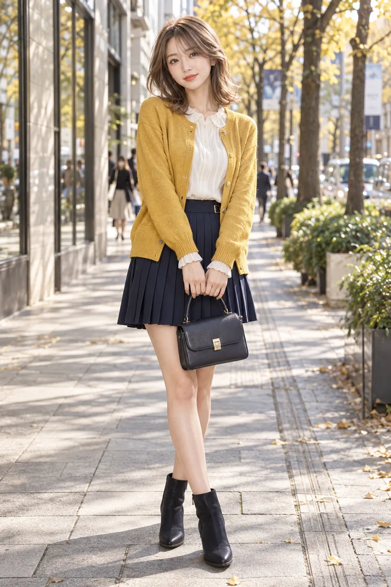wearing a cardigan, a blouse and a pleated skirt in mustard yellow, white and navy だけを足して生成した例（3枚目）