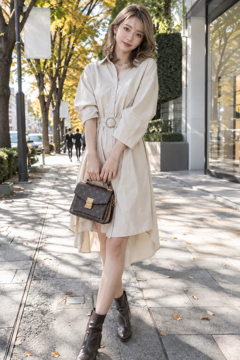 wearing a shirt dress を足して生成した例（2枚目）