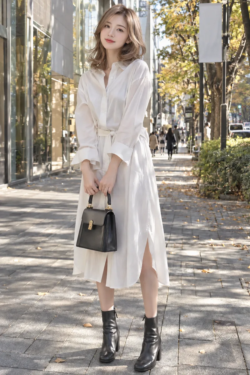 wearing a shirt dress を足して生成した例（3枚目）