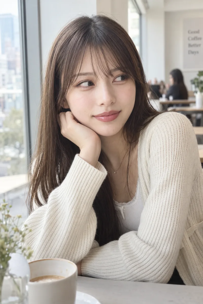 face turned toward the camera, only her eyes glancing to the side を足して生成した例（2枚目）