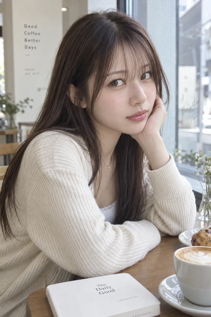face turned toward the camera, only her eyes glancing to the side を足して生成した例（3枚目）