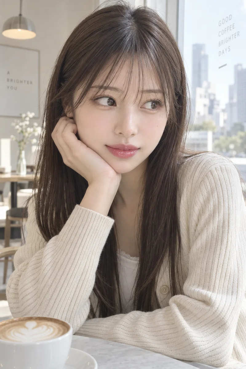 face turned toward the camera, only her eyes glancing to the side を足して生成した例（4枚目）