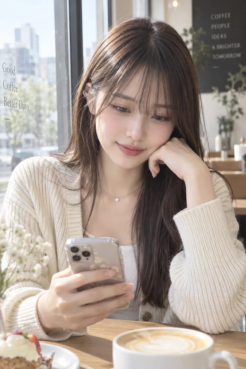 looking at her phone を足して生成した例（2枚目）