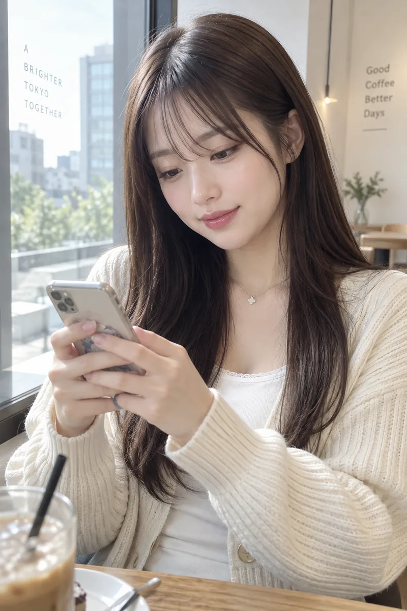 looking at her phone を足して生成した例（4枚目）