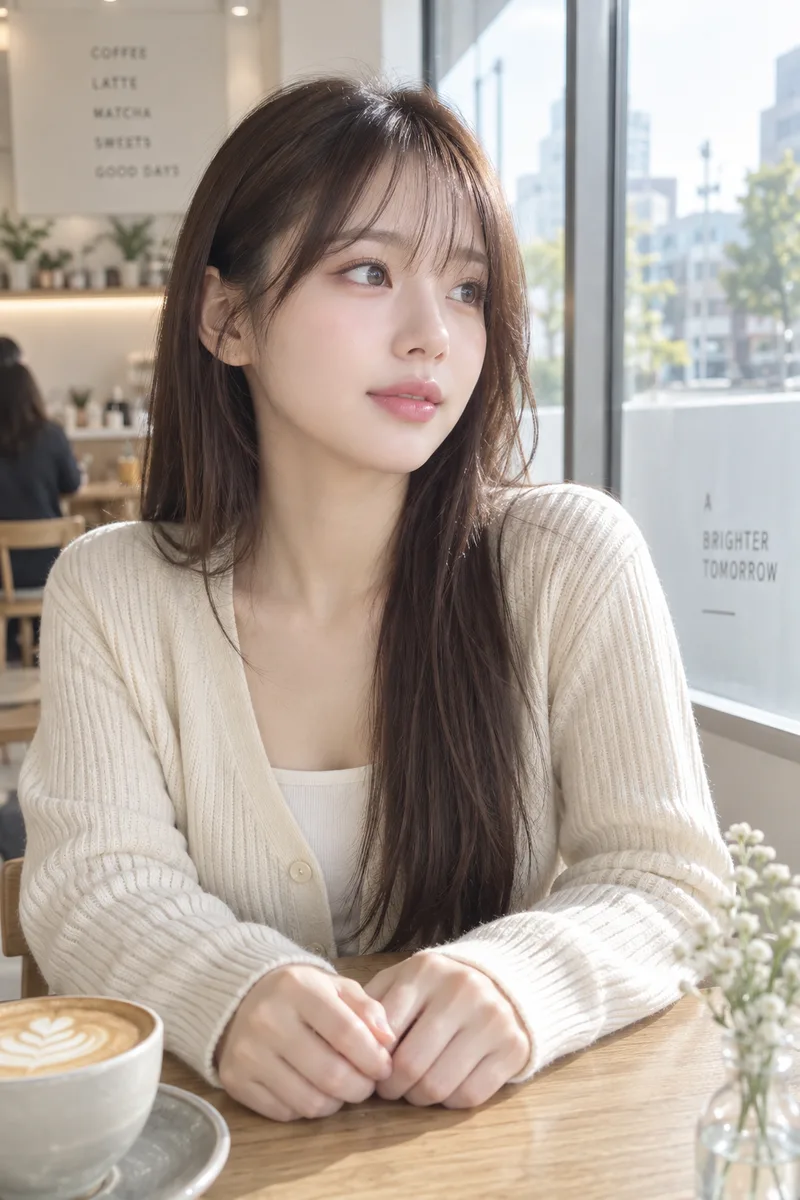 looking away, both hands resting on the table を足して生成した例（2枚目）