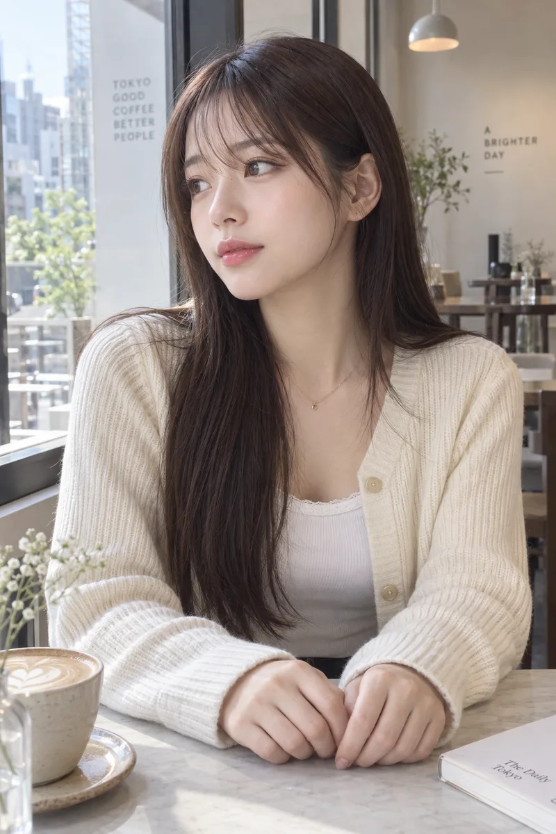looking away, both hands resting on the table を足して生成した例（3枚目）