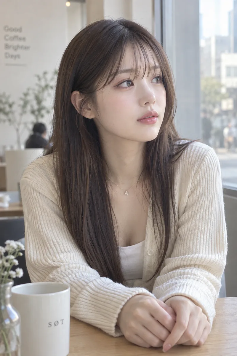 looking away, both hands resting on the table を足して生成した例（4枚目）