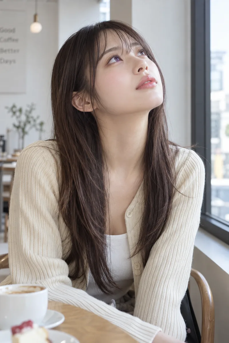 looking up at the ceiling with her chin raised, her eyes gazing upward away from the camera を足して生成した例（2枚目）