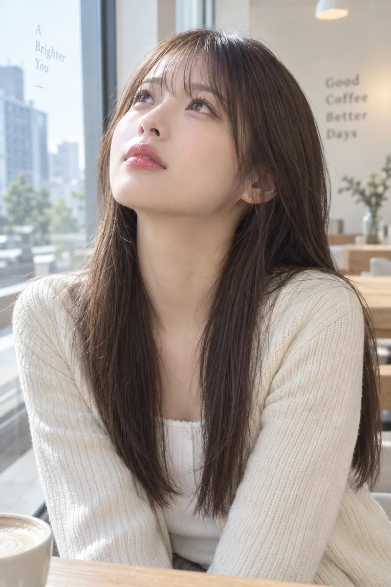 looking up at the ceiling with her chin raised, her eyes gazing upward away from the camera を足して生成した例（3枚目）