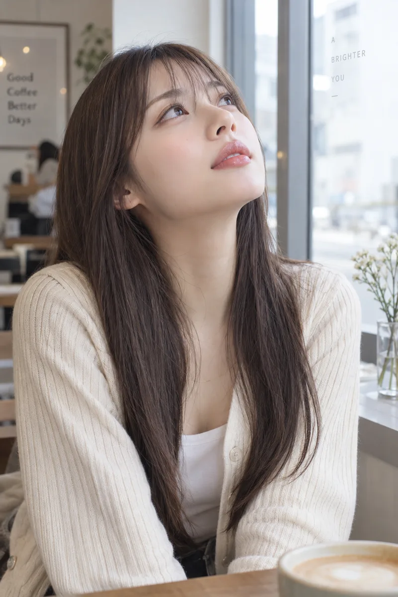 looking up at the ceiling with her chin raised, her eyes gazing upward away from the camera を足して生成した例（4枚目）