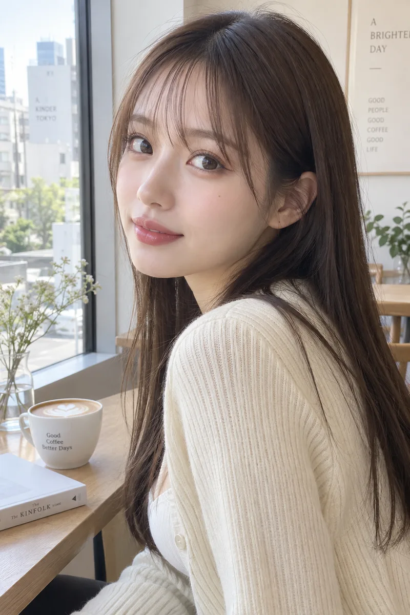 looking back over her shoulder at the camera を足して生成した例（3枚目）