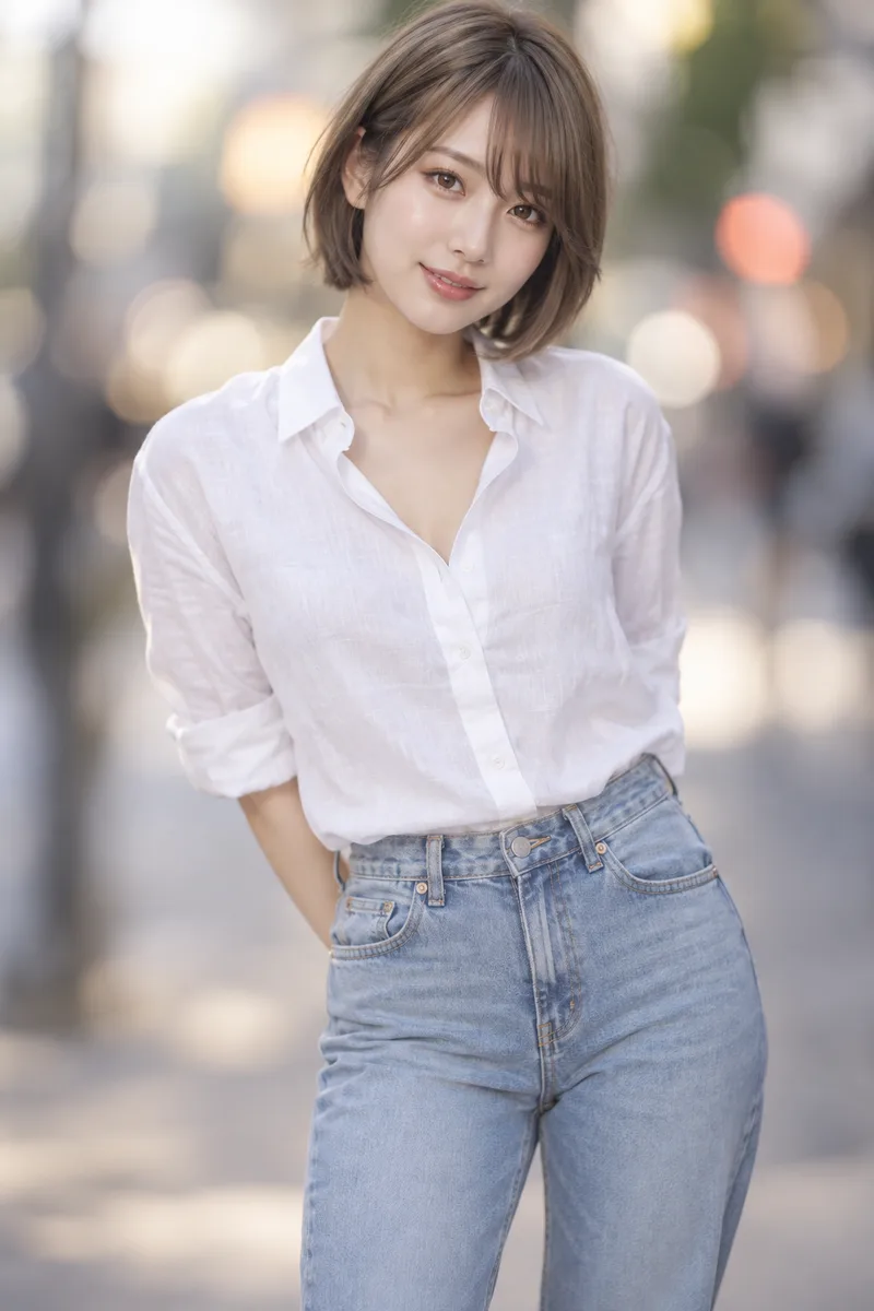 on a city street, photographed with an 85mm lens at f/1.2, the background is completely out of focus into soft creamy bokeh so the street behind her is unrecognizable を足して生成した例（2枚目）