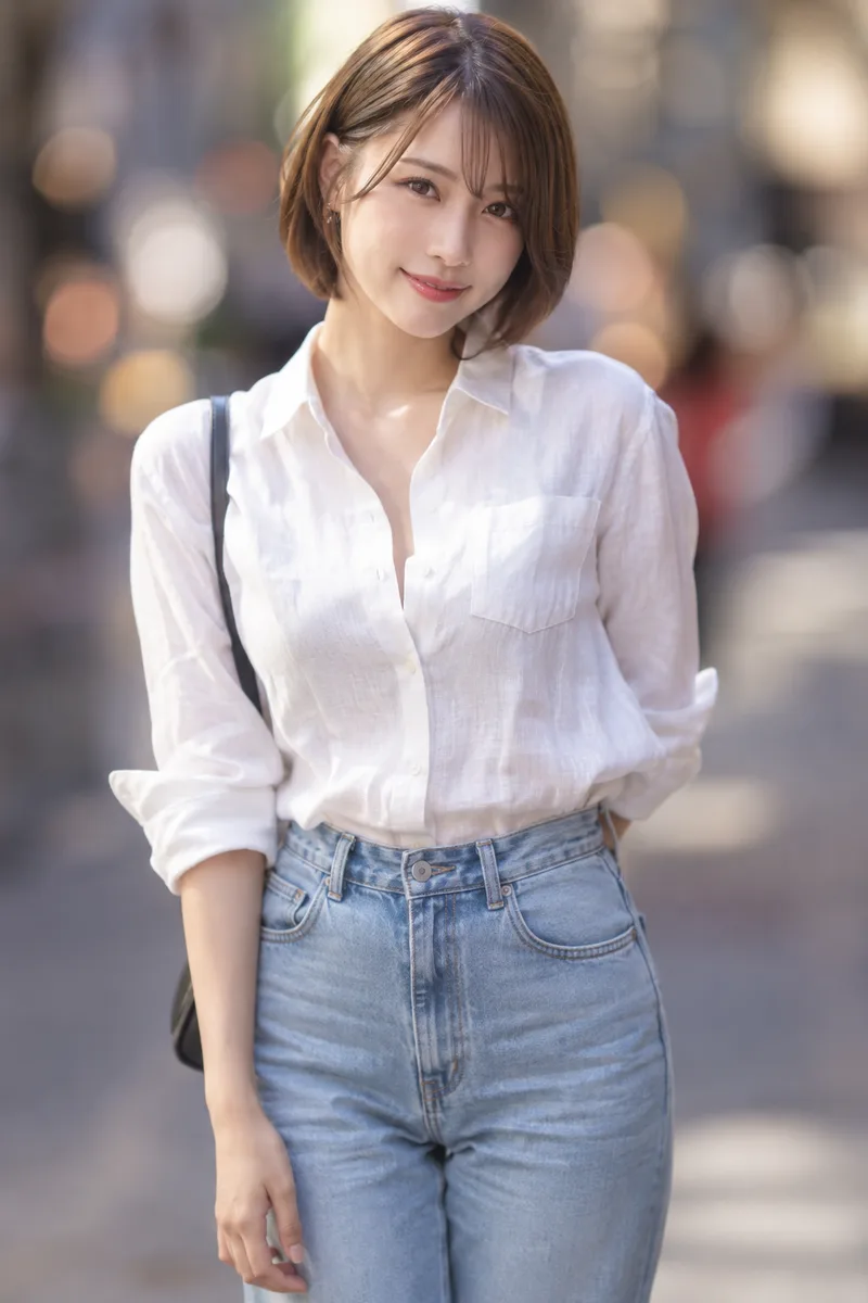 on a city street, photographed with an 85mm lens at f/1.2, the background is completely out of focus into soft creamy bokeh so the street behind her is unrecognizable を足して生成した例（3枚目）