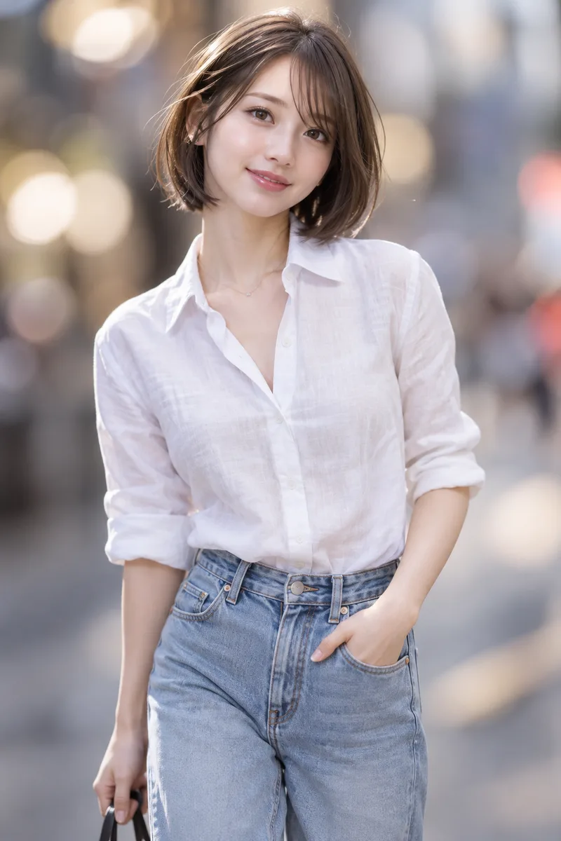 on a city street, photographed with an 85mm lens at f/1.2, the background is completely out of focus into soft creamy bokeh so the street behind her is unrecognizable を足して生成した例（4枚目）